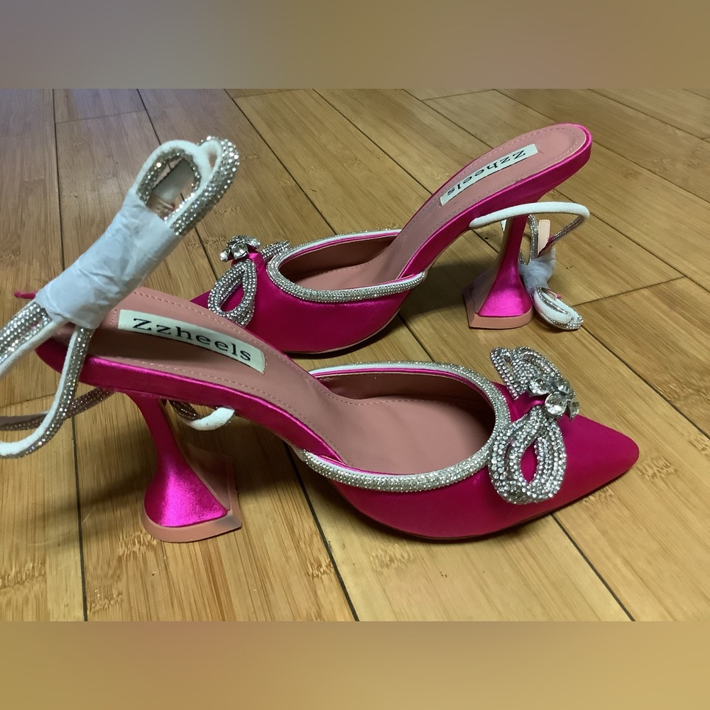 ZZHeels Pink Satin RhinestoneBow Ankle Strap Heels. NEW SIZE 8